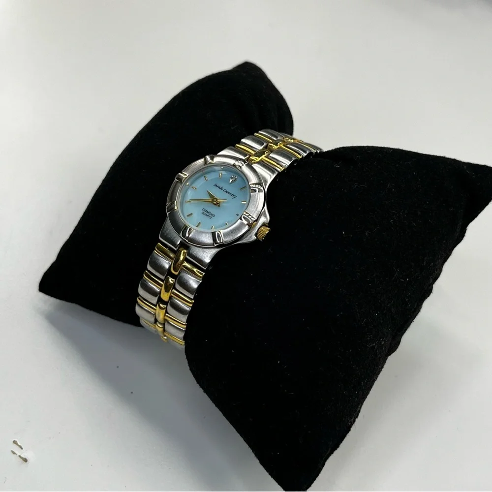VTG Sarah Coventry Women's Silver/Gold Tone Wristwatch diamond Quartz Blue‎ Dial